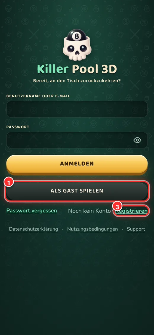 Anmeldebildschirm: Die Nummern passen zur Liste.