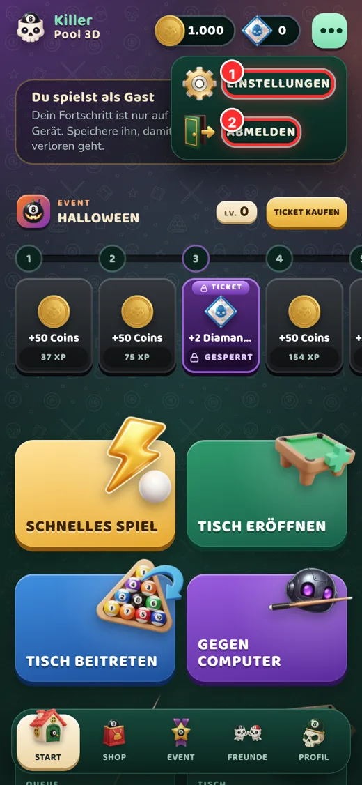 Menü: Einstellungen und Abmelden.