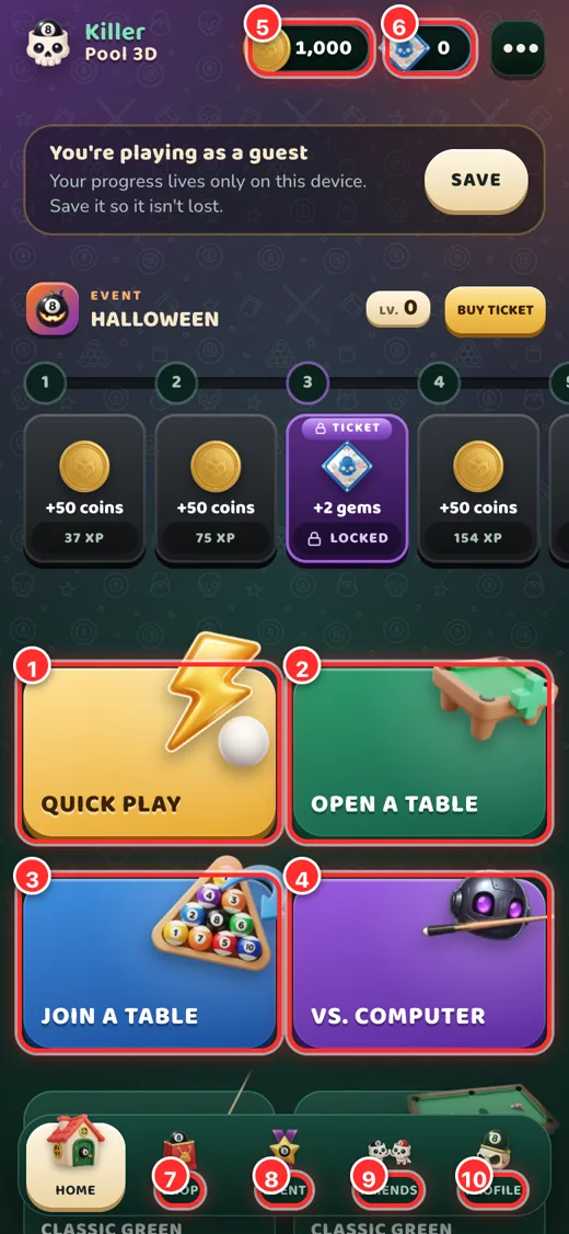 Home screen (lobby).