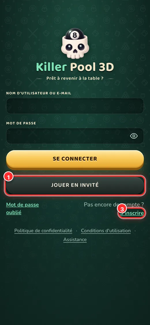 Écran de connexion : les numéros correspondent à la liste.