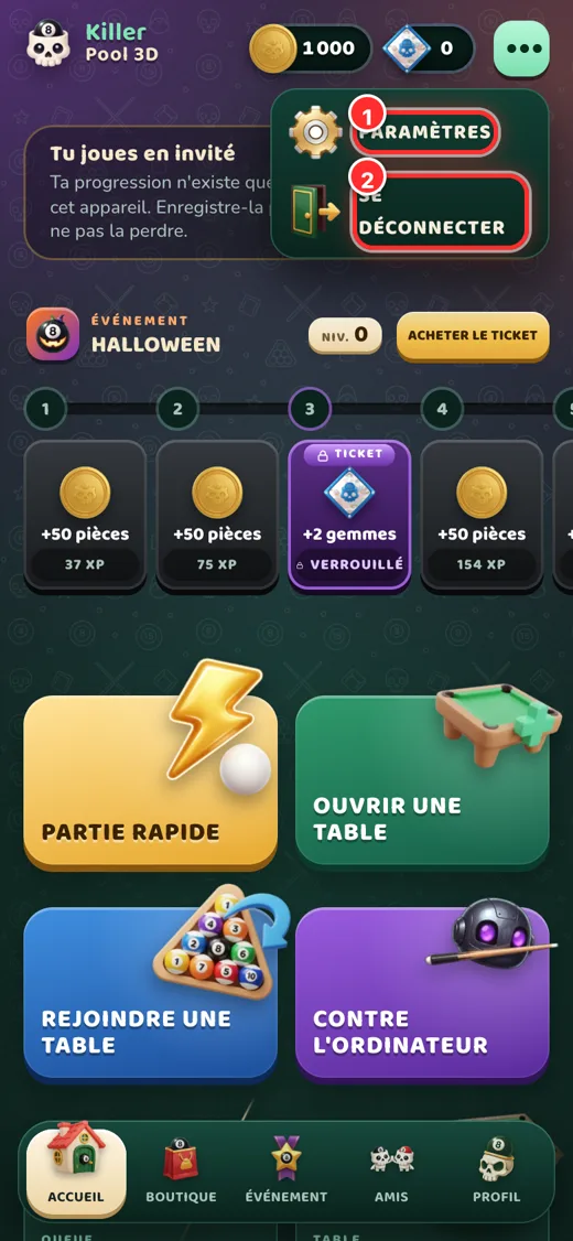 Menu : réglages et déconnexion.