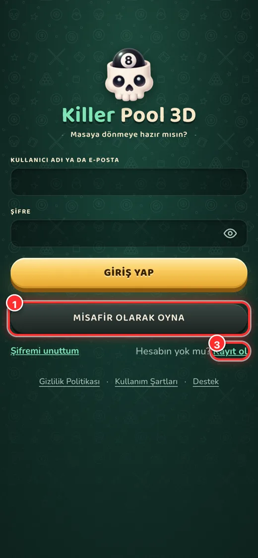 Giriş ekranı: numaralar aşağıdaki listeyle eşleşir.