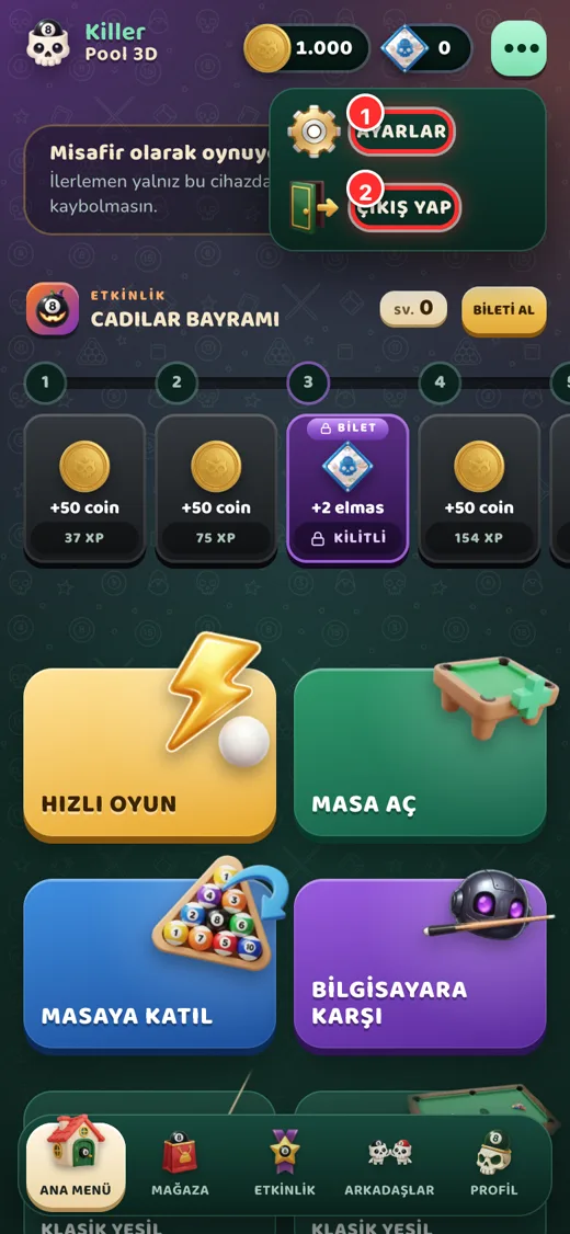 Menü: ayarlar ve çıkış.